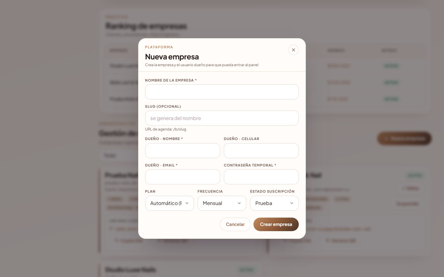 Modal de nueva empresa con plan y frecuencia