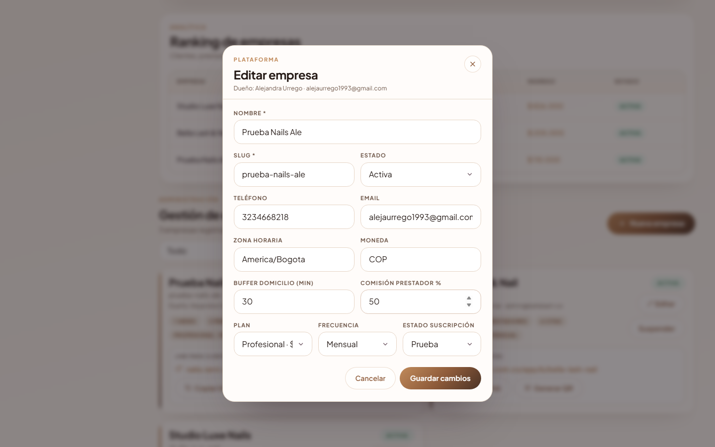 Modal editar empresa